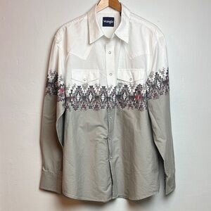 Wrangler Men's Checotah Aztec XL Long Sleeve Western Pearl Snap Shirt White Gray